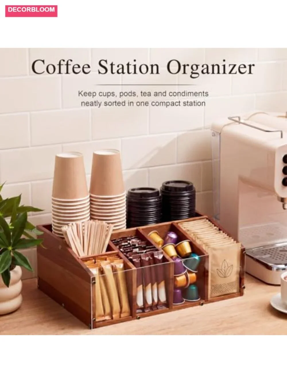 Acacia Wood Coffee Station Organizer for Countertop - 6 Compartments, Clear